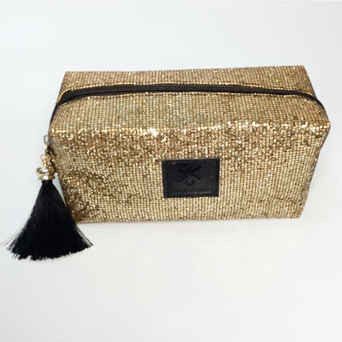 gold glitter cosmetic pouch with tassel sequins | glitter vanity party 