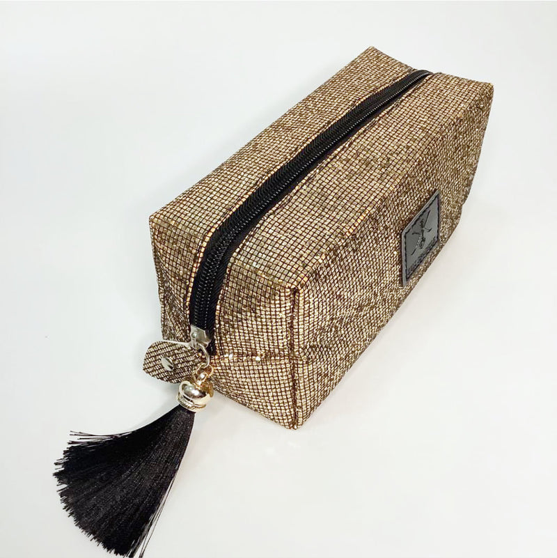 gold glitter cosmetic pouch with tassel sequins | glitter vanity party 